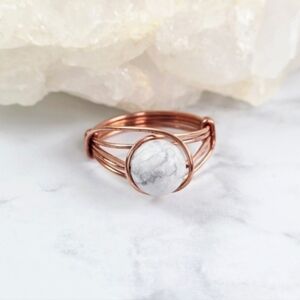 Howlite Elegant Copper Wire Wrapped Ring Handmade Artisan Crystal Stone Bead